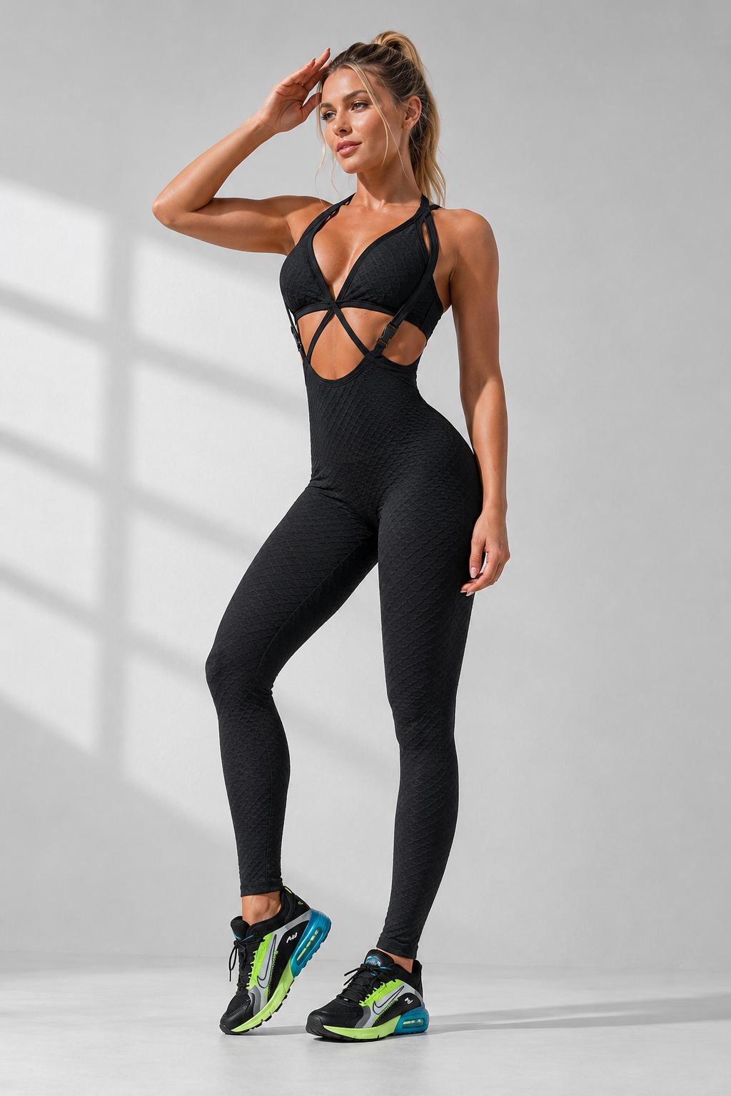 Textured Suspender Cutout Sculpting Jumpsuit