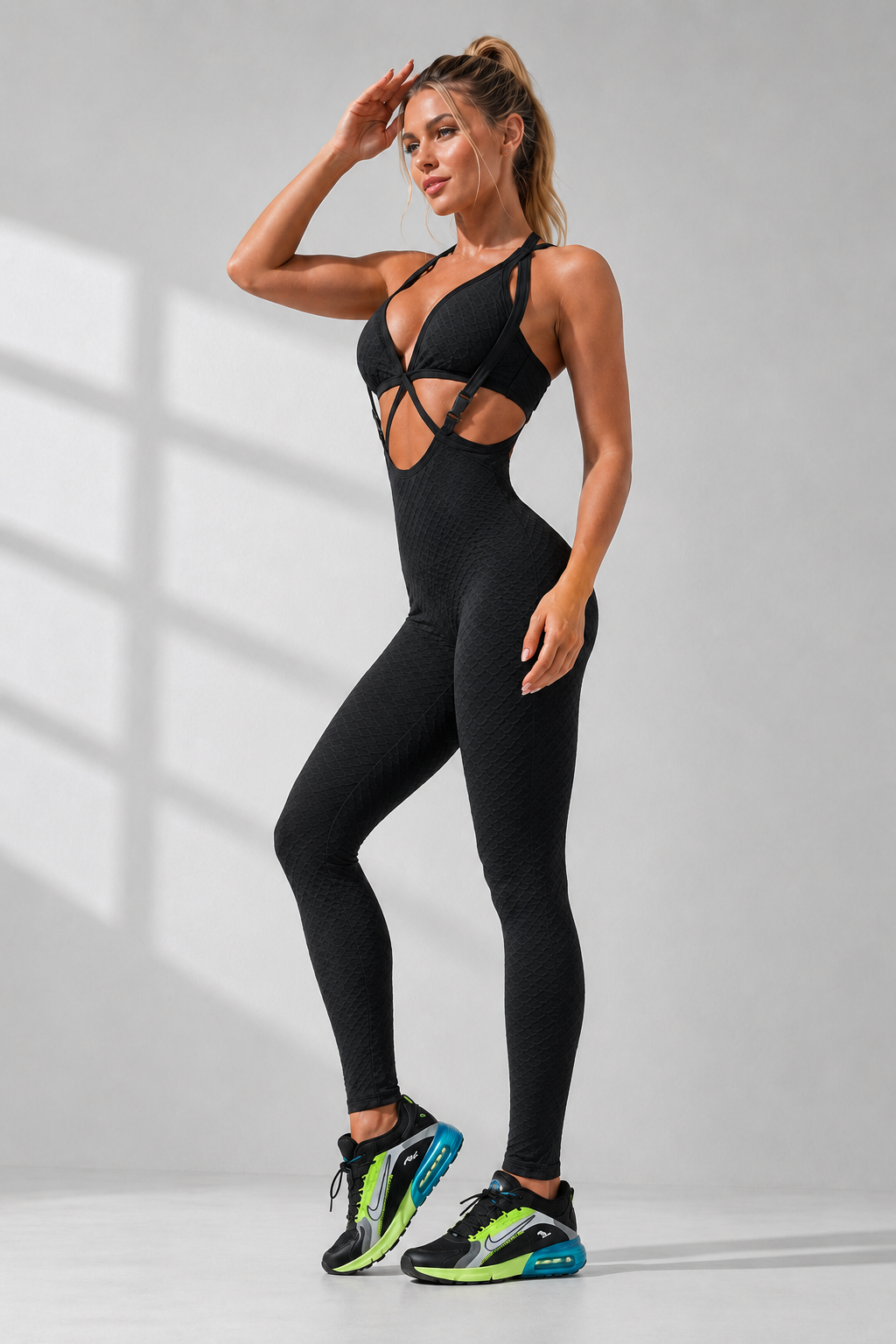 Textured Suspender Cutout Sculpting Jumpsuit