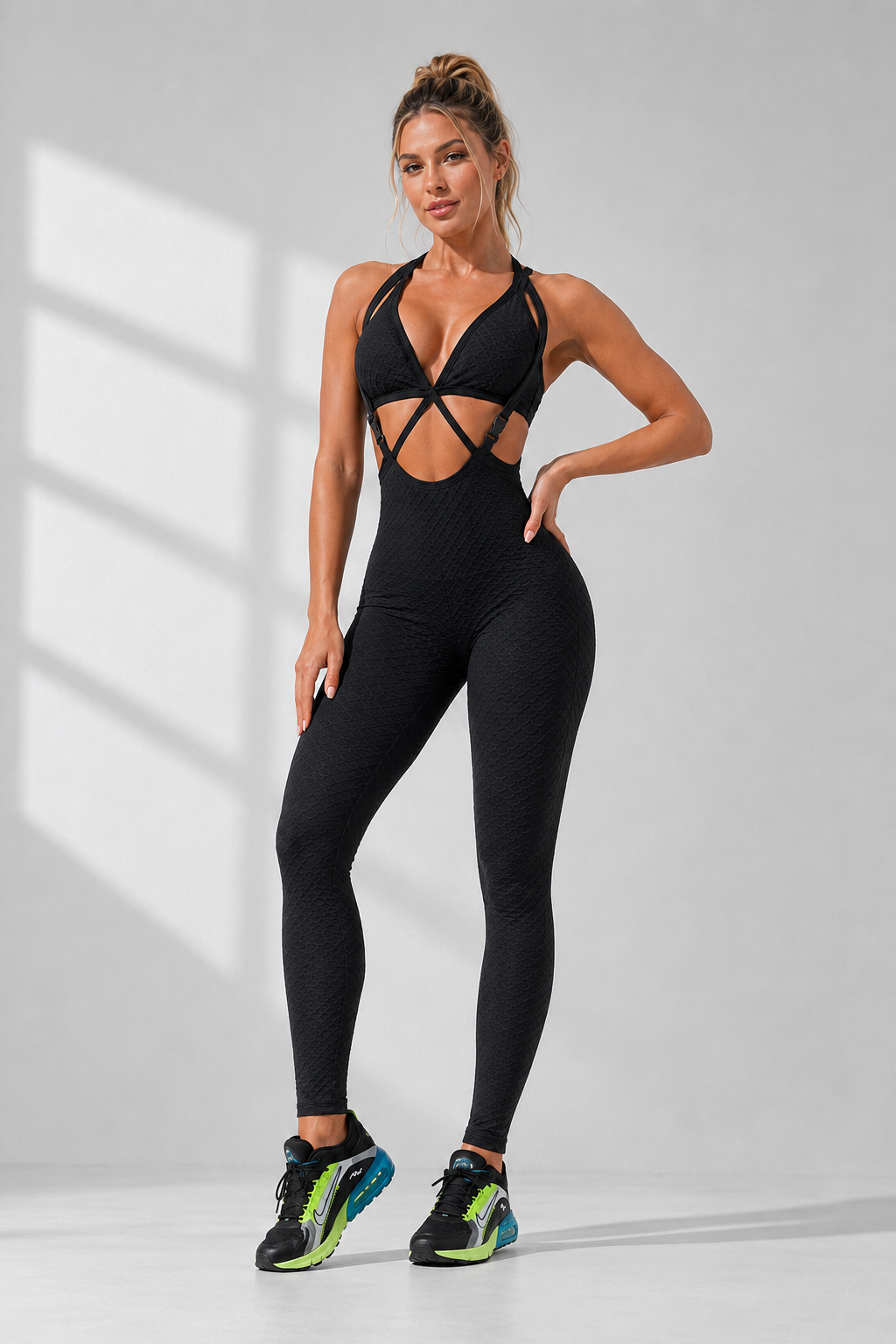 Textured Suspender Cutout Sculpting Jumpsuit
