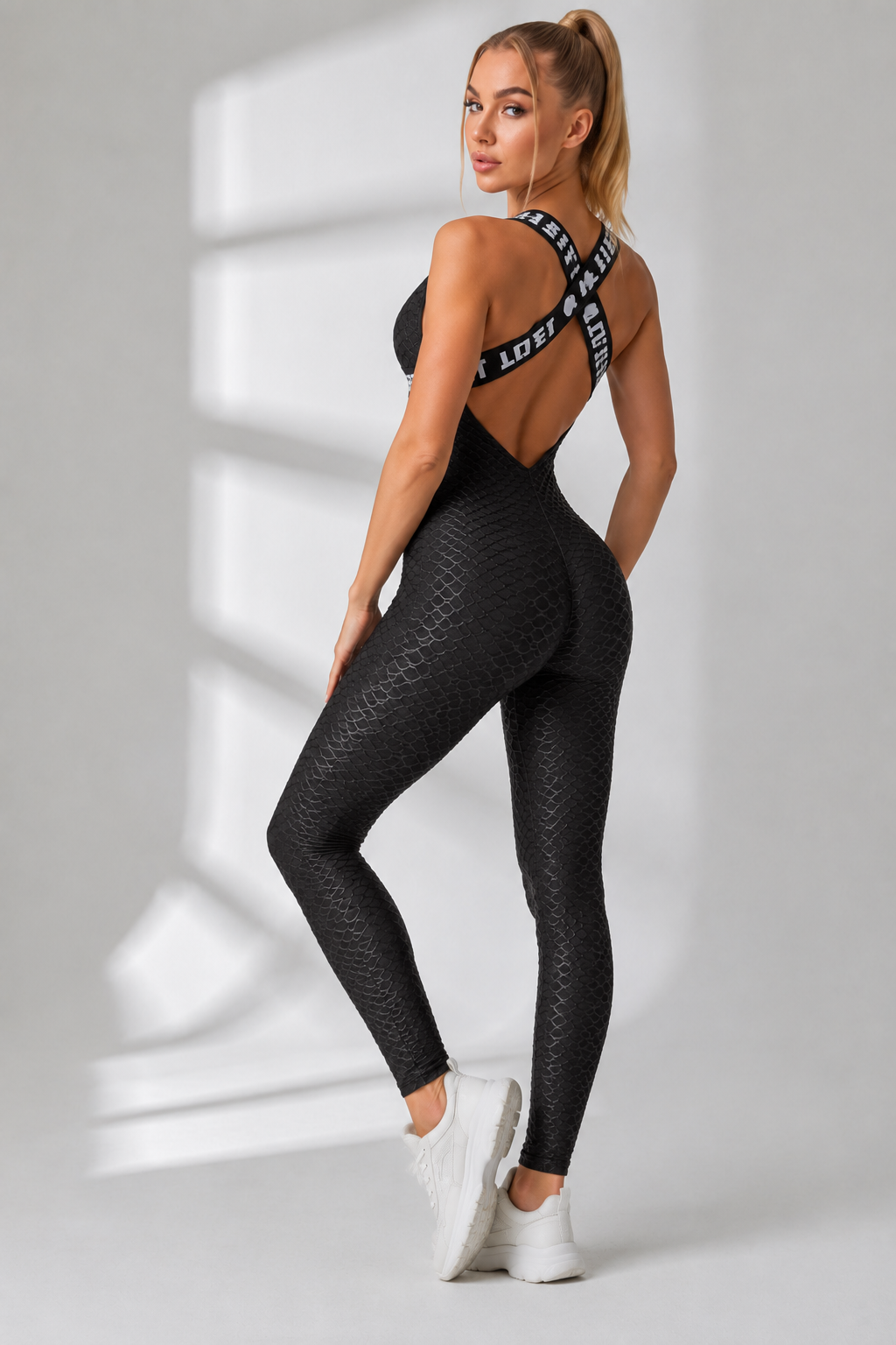 Textured Cross-Back Sculpting Fitness Jumpsuit