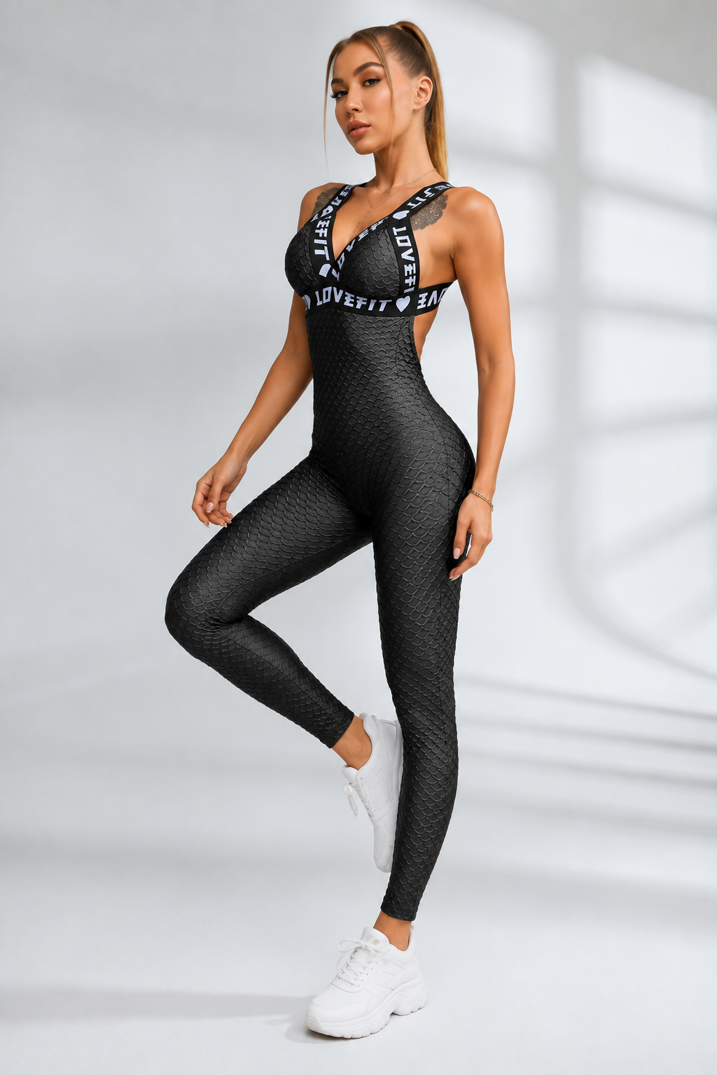 Textured Cross-Back Sculpting Fitness Jumpsuit