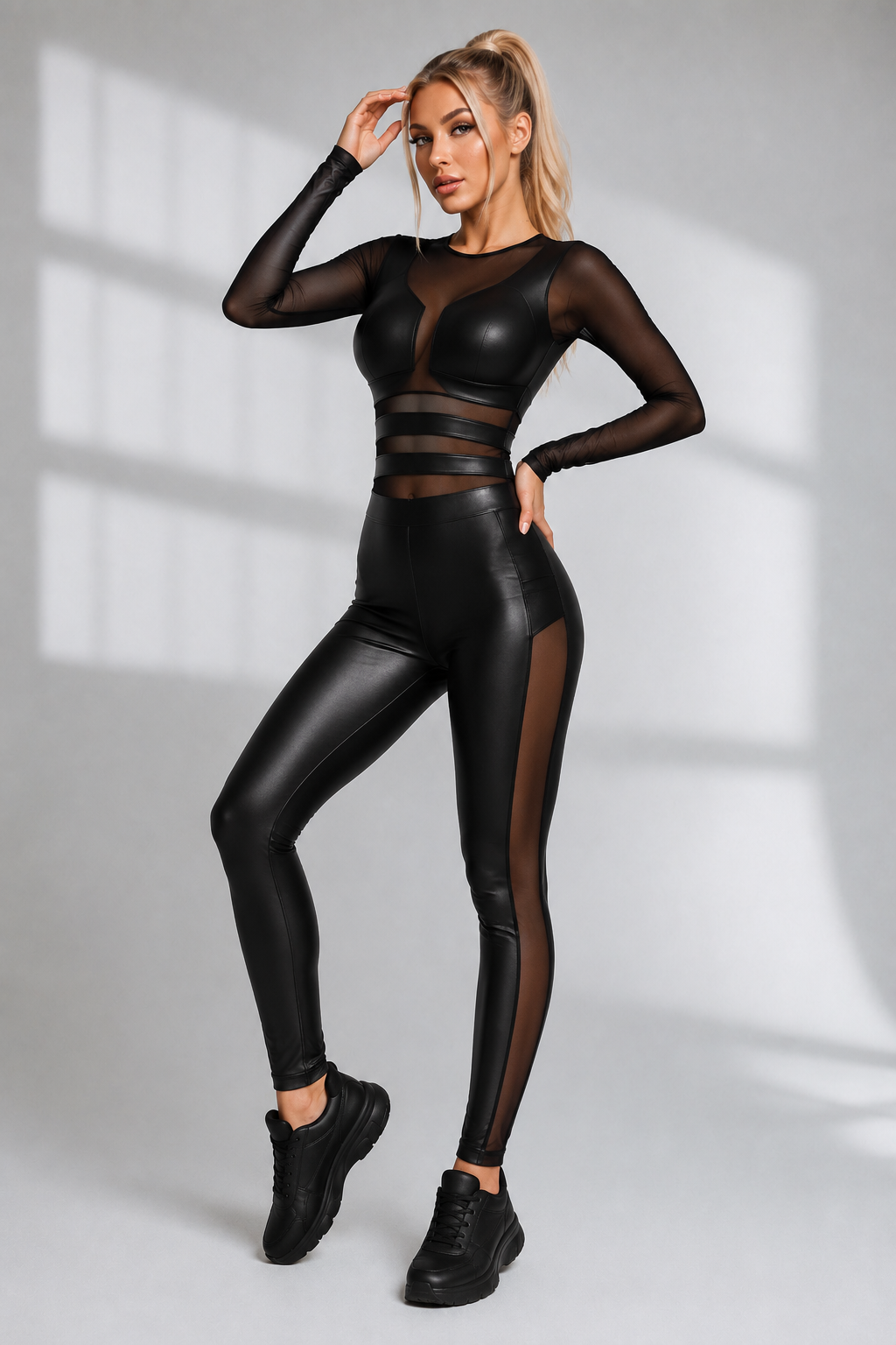 Sheer Mesh Crop Top & Faux Leather Jumpsuit