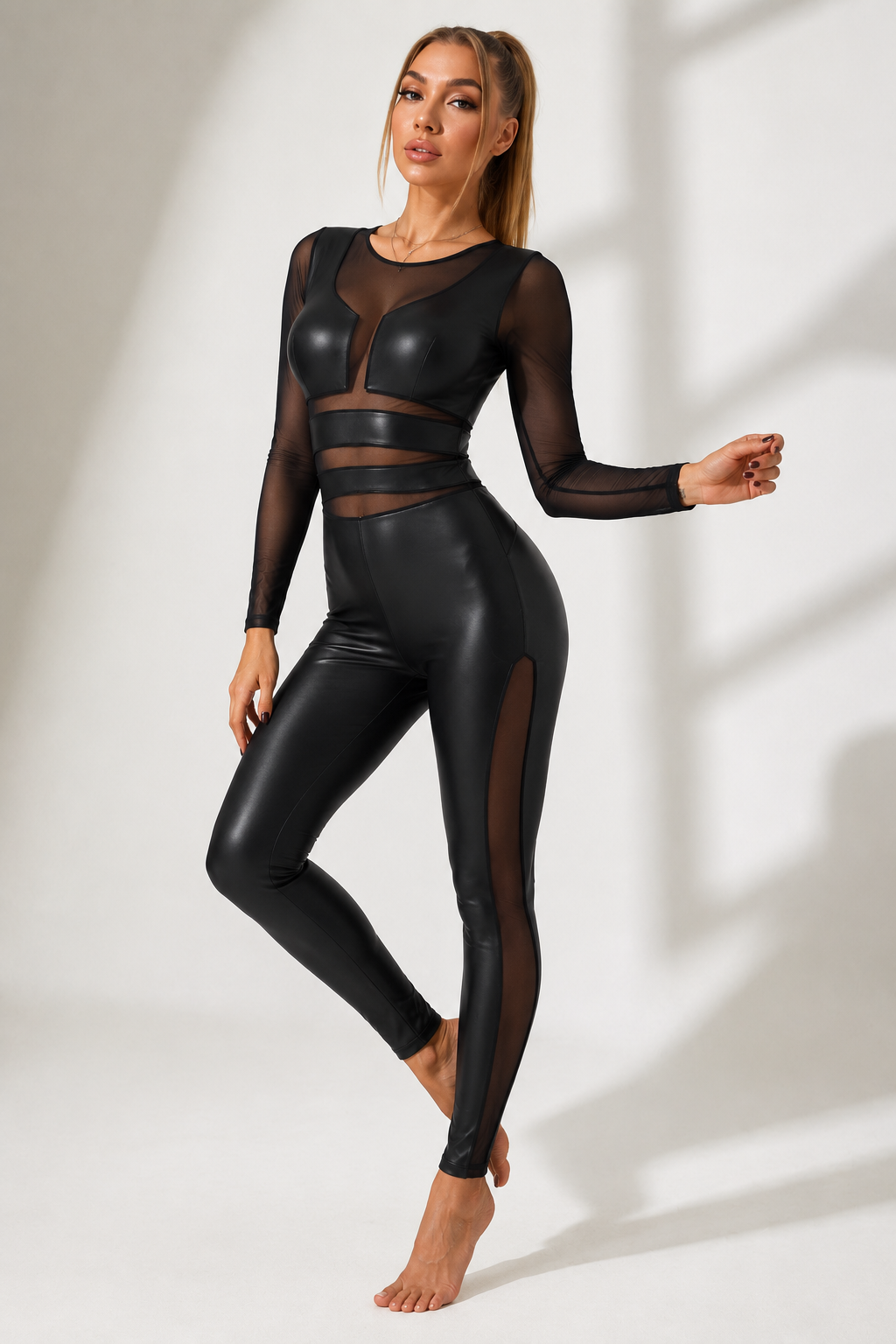 Sheer Mesh Crop Top & Faux Leather Jumpsuit