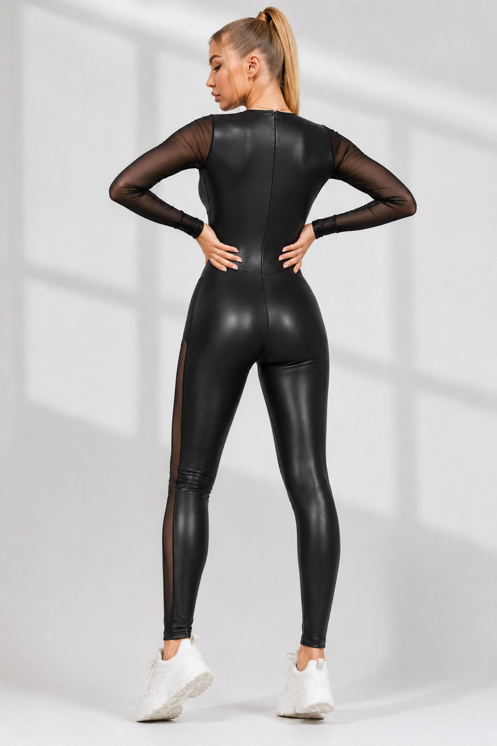 Sheer Mesh Crop Top & Faux Leather Jumpsuit