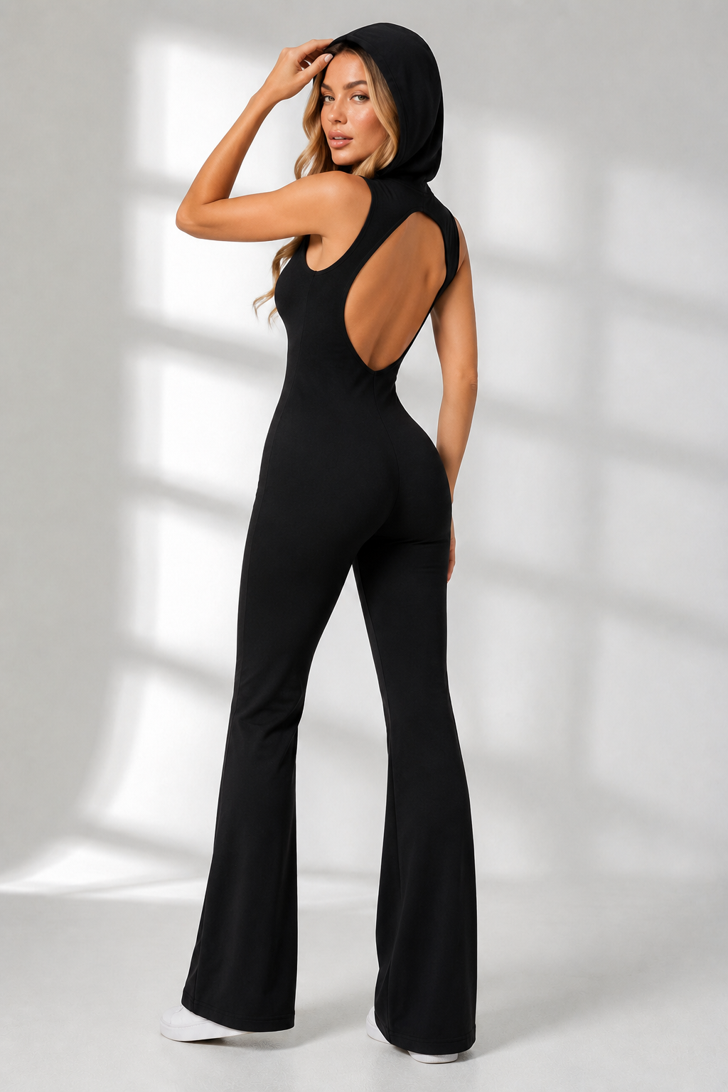 Hooded Open-Back Zip Front Flared Jumpsuit