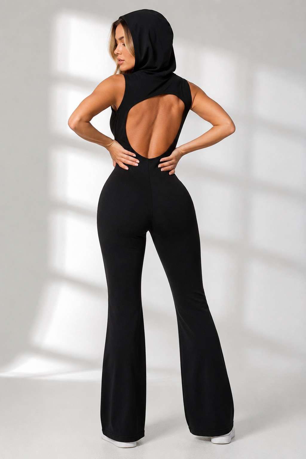 Hooded Open-Back Zip Front Flared Jumpsuit