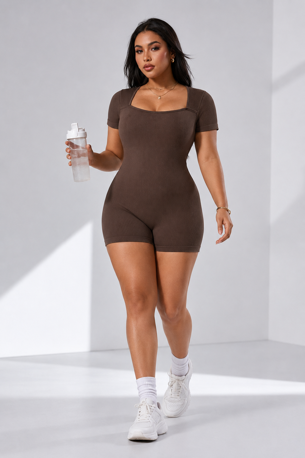 Lila Zen Seamless Square Neck Sculpting Short-Sleeve Romper
