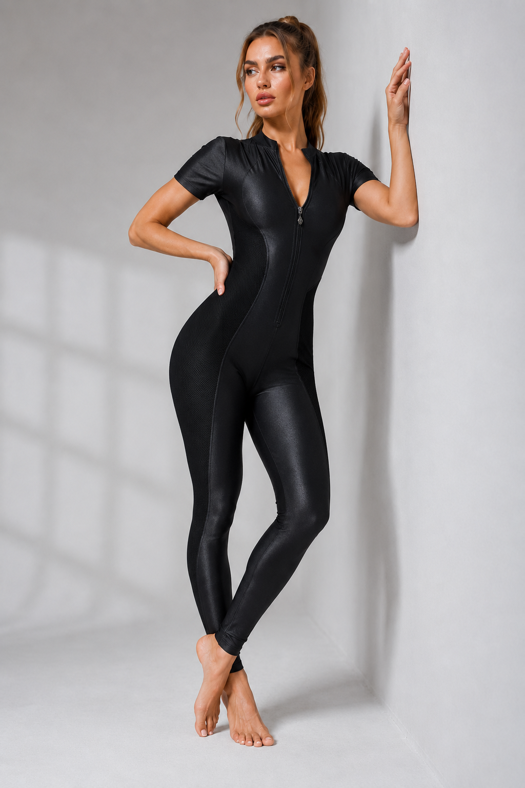 SculptFit Zip-Front Short Sleeve Active Jumpsuit