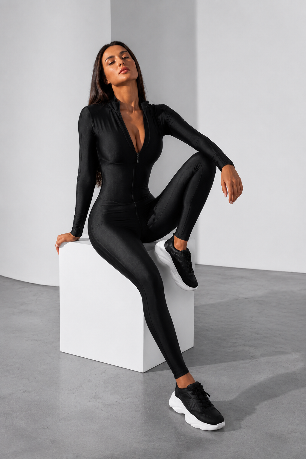 Zip-Front Sculpted Long-Sleeve Jumpsuit