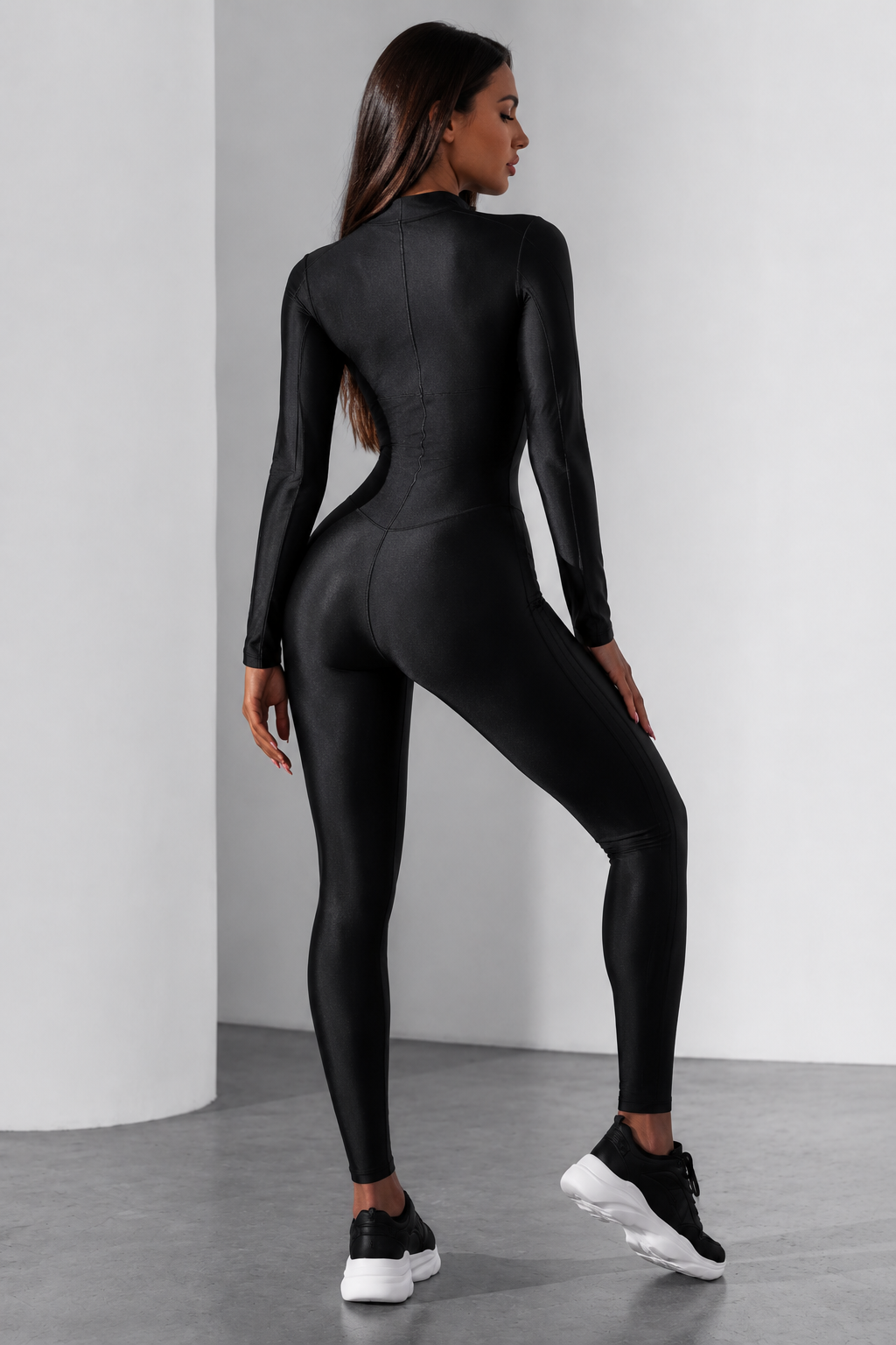 Zip-Front Sculpted Long-Sleeve Jumpsuit