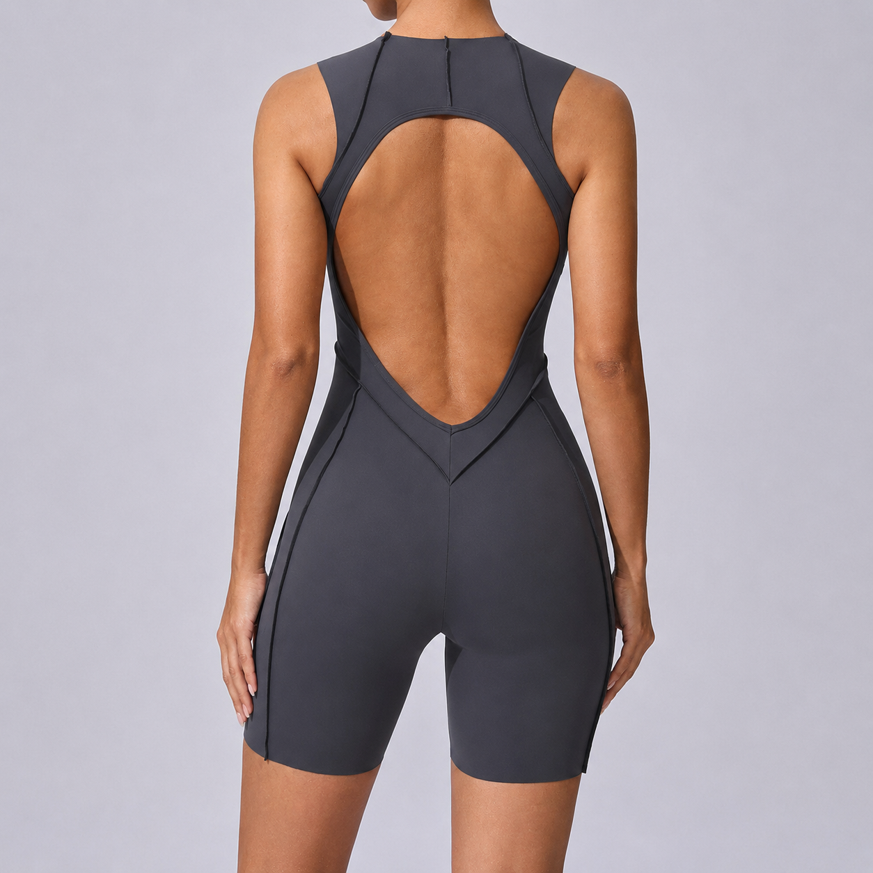 Lila Zen Sculpt Seam Open Back Biker Short Romper
