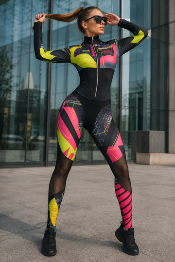 Neon Graphic Zip-Front Long-Sleeve Active Jumpsuit
