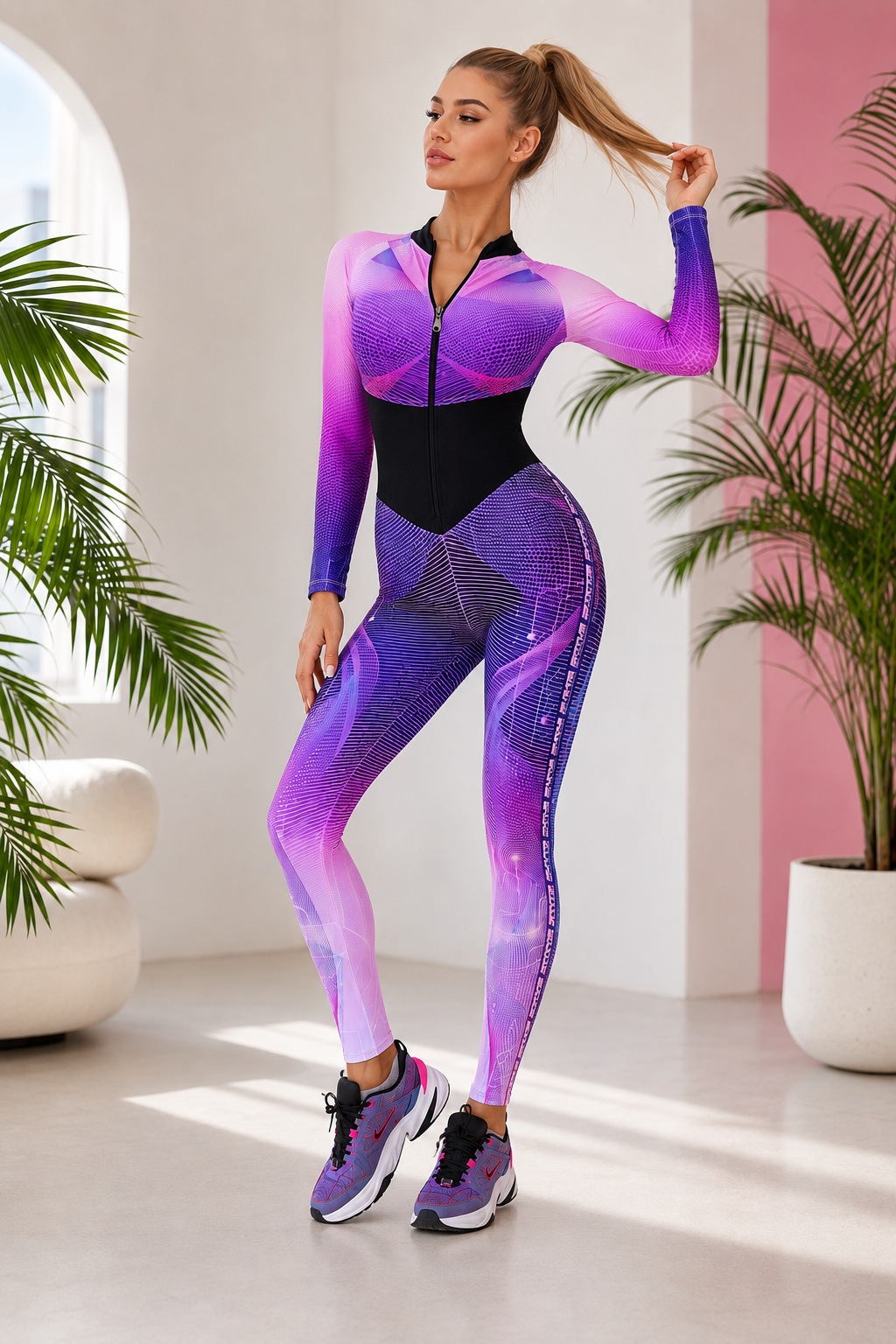 Purple Gradient Contour Zip-Up Active Jumpsuit
