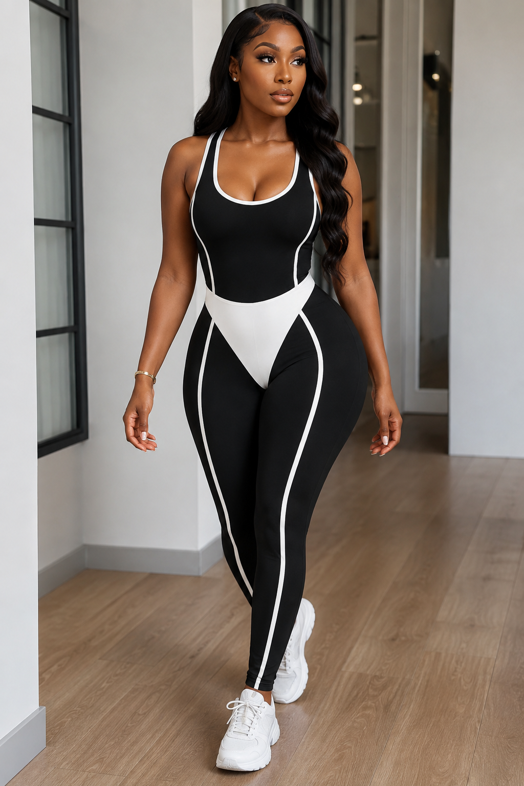 Contrast Curve Cross-Back Sleeveless Jumpsuit
