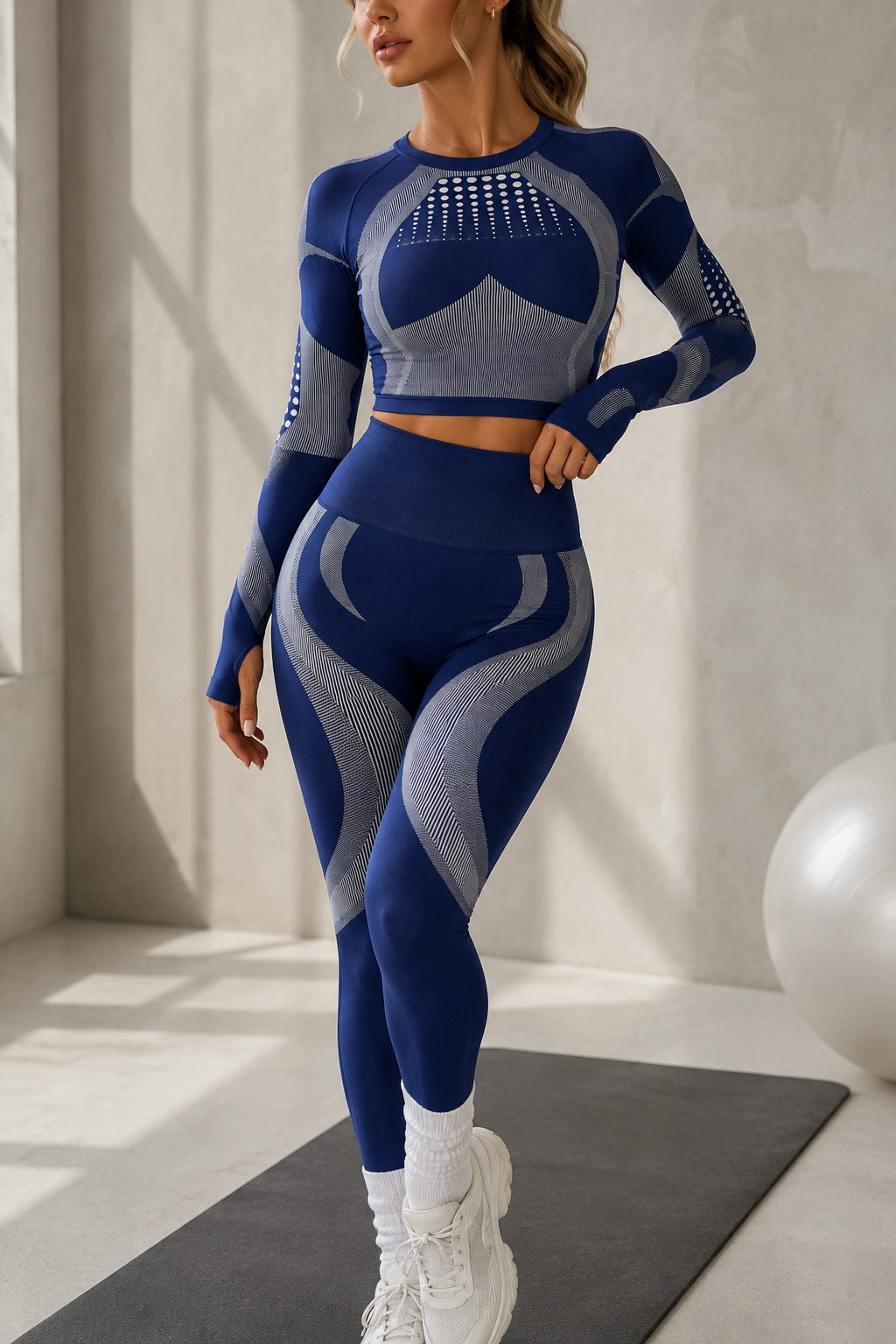 Lila Zen Contour Line Long Sleeve Crop Top & High-Waist Sculpting Leggings Set