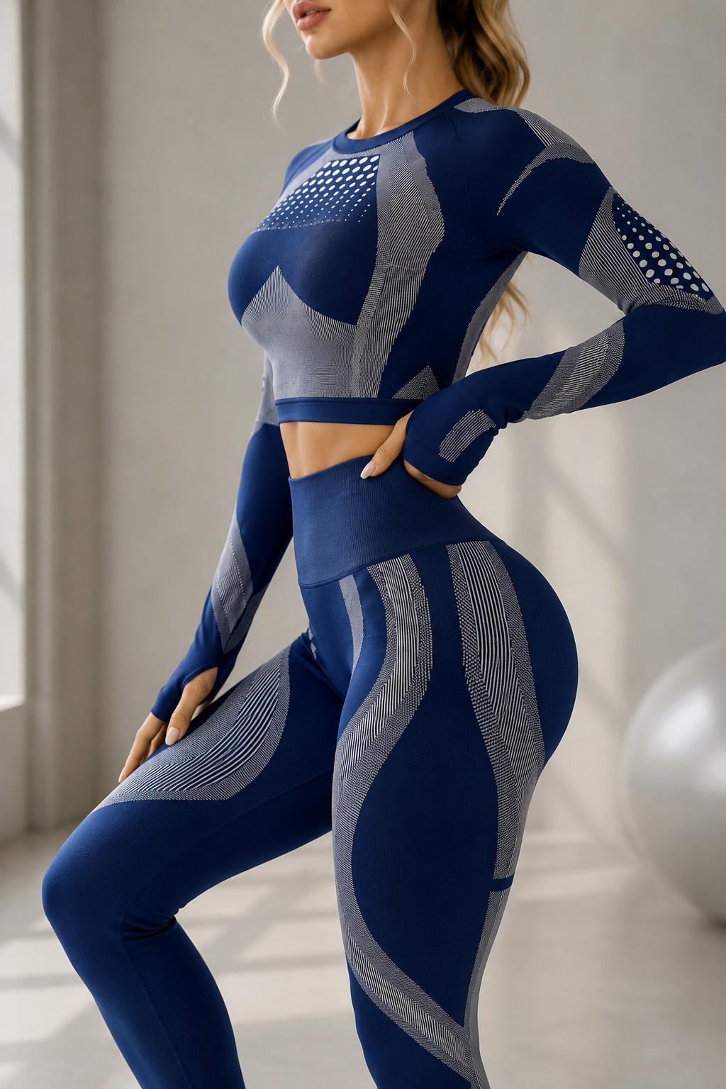 Lila Zen Contour Line Long Sleeve Crop Top & High-Waist Sculpting Leggings Set