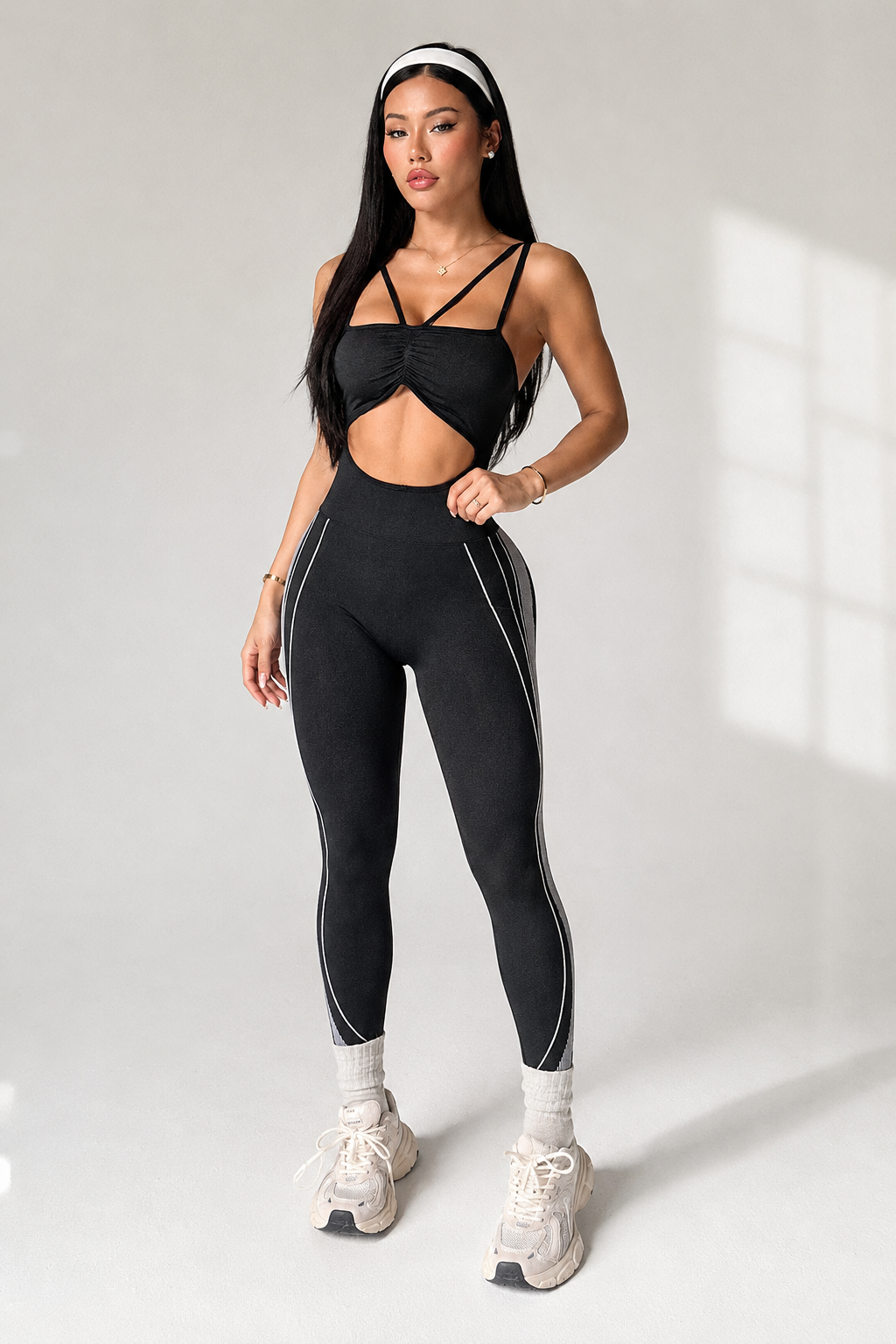 Lila Zen Women's Color-Blocked Side Striped Cutout Yoga Bodysuit with Double Shoulder Straps