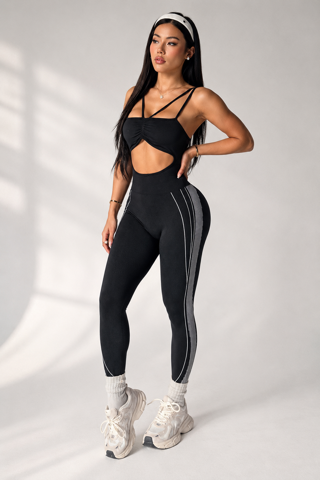 Lila Zen Women's Color-Blocked Side Striped Cutout Yoga Bodysuit with Double Shoulder Straps
