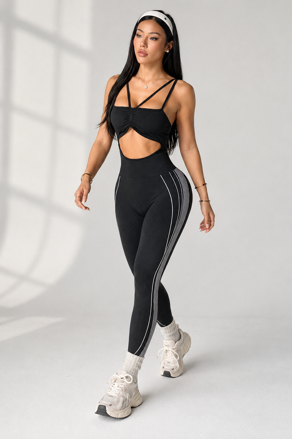 Lila Zen Women's Color-Blocked Side Striped Cutout Yoga Bodysuit with Double Shoulder Straps