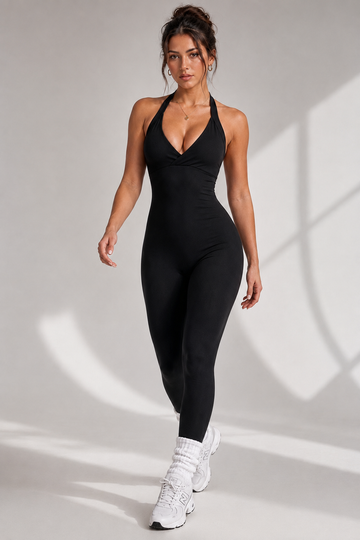 Lila Zen Halter V-Neck Open-Back Sculpt Yoga Jumpsuit