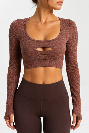 Lila Zen U Leopard Print Deep U-Neck Long-Sleeve Yoga Top
