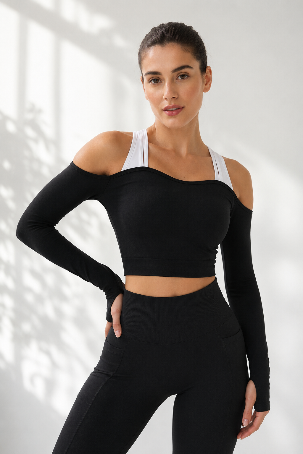 Lila Zen Color-blocked off-shoulder yoga top