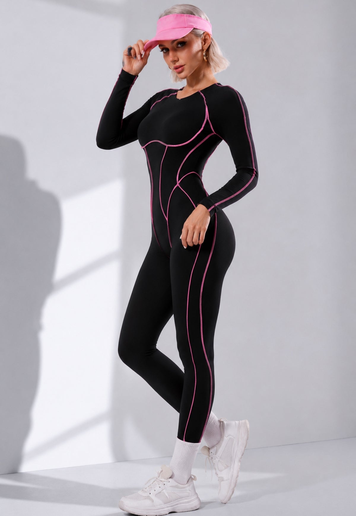 Contrast Seam Open Back Long Sleeve Jumpsuit