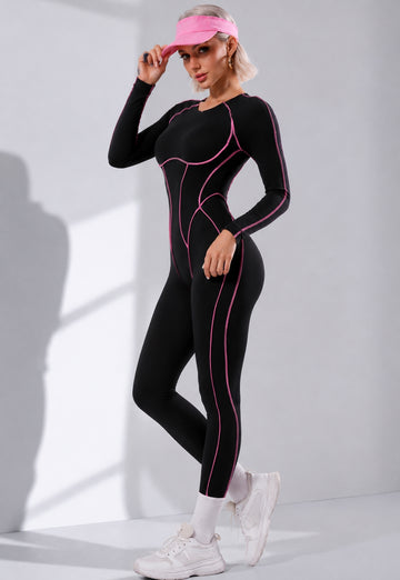 Contrast Seam Open Back Long Sleeve Jumpsuit