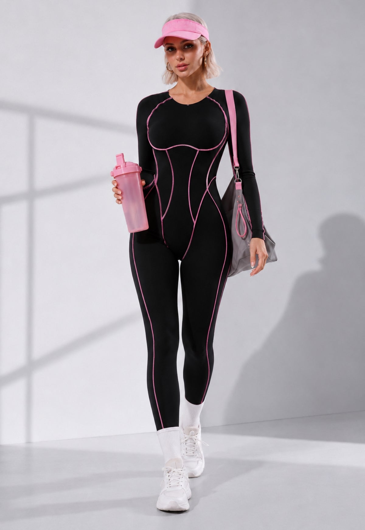 Contrast Seam Open Back Long Sleeve Jumpsuit