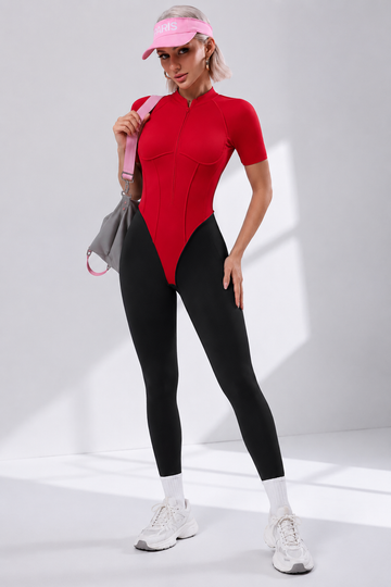 Lila Zen Zip Front Colorblock Backless Active Jumpsuit
