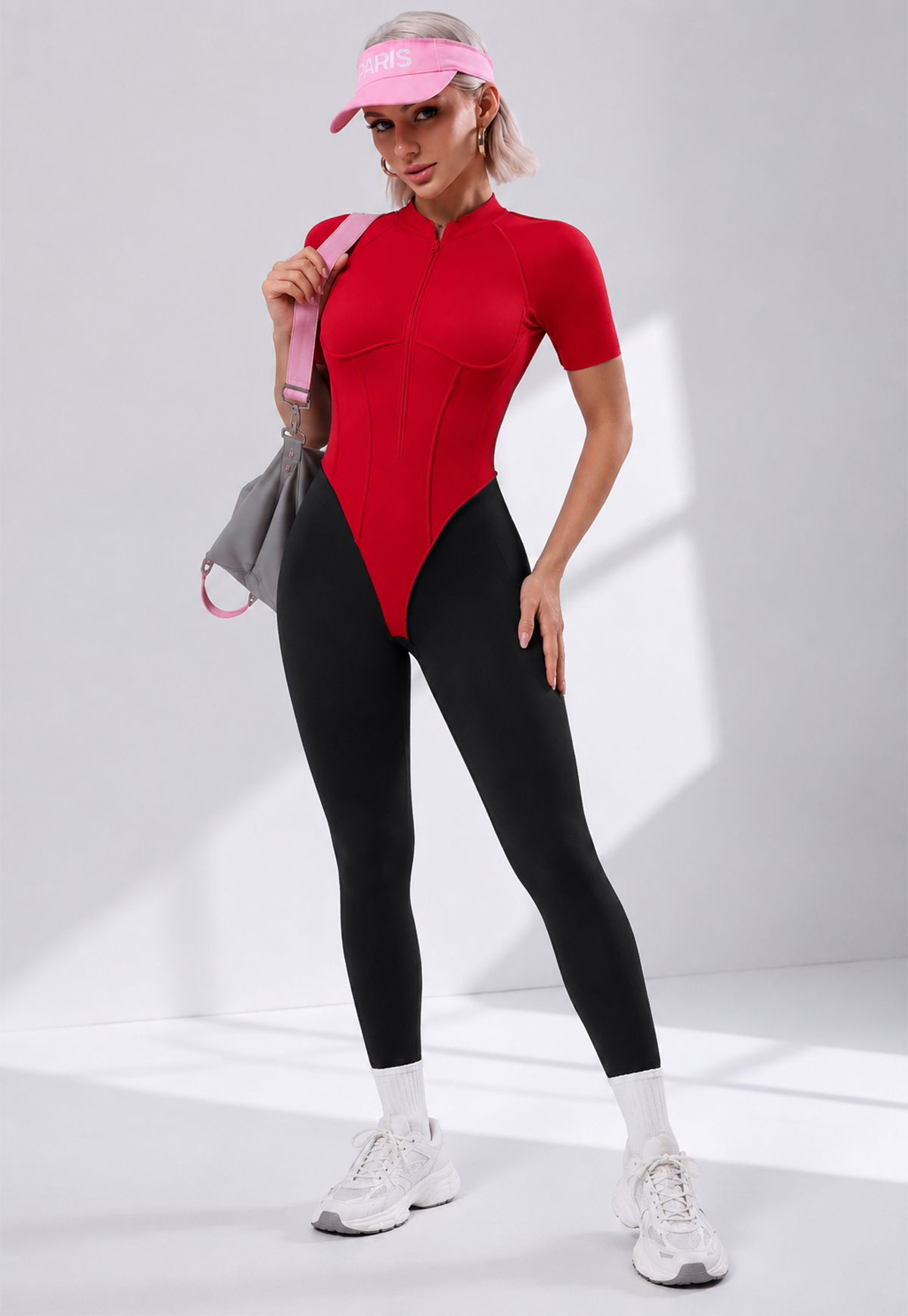 Zip Front Colorblock Backless Active Jumpsuit