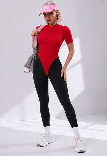 Zip Front Colorblock Backless Active Jumpsuit