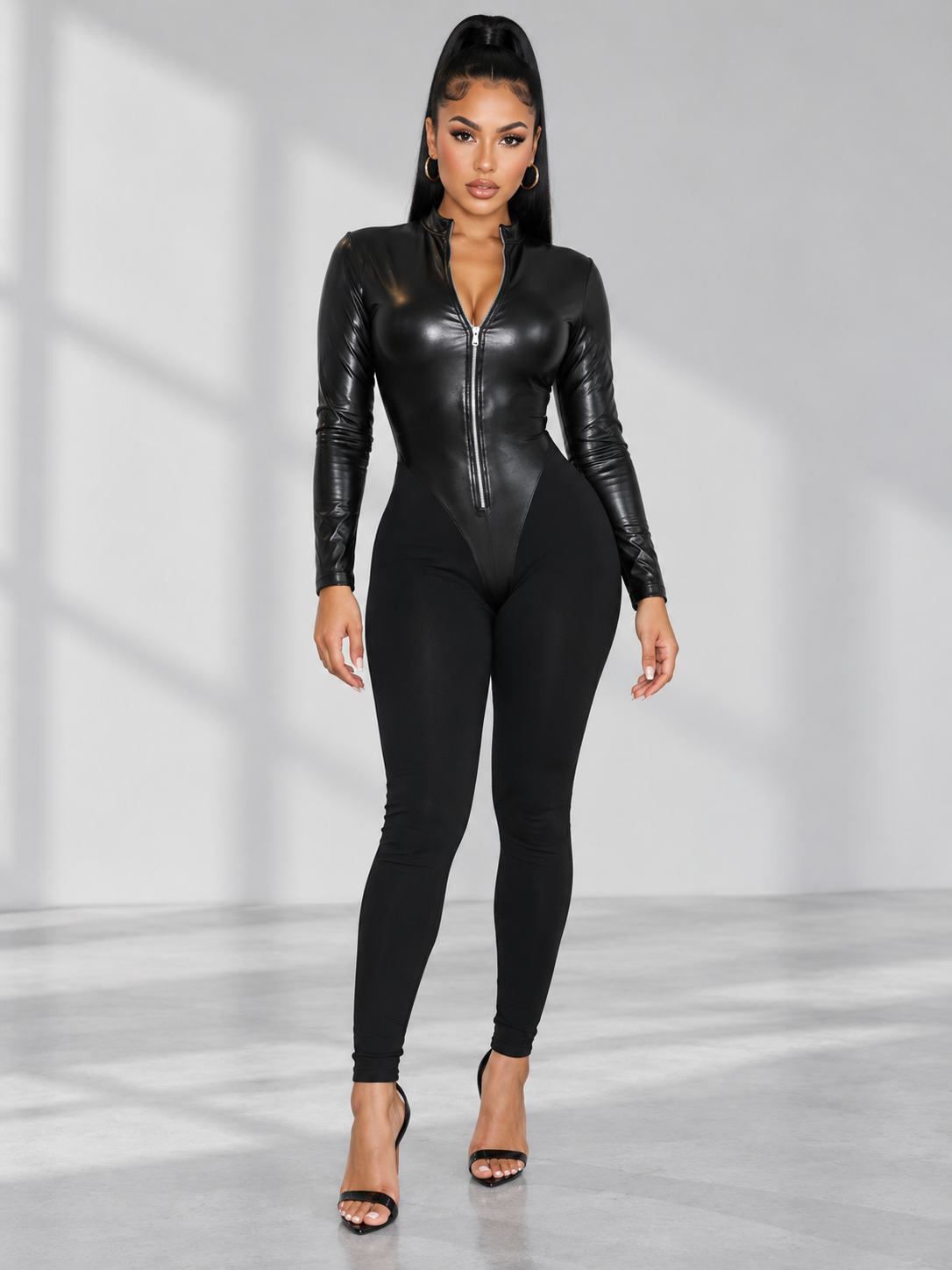 Faux Leather Zip-Front Long Sleeve Jumpsuit