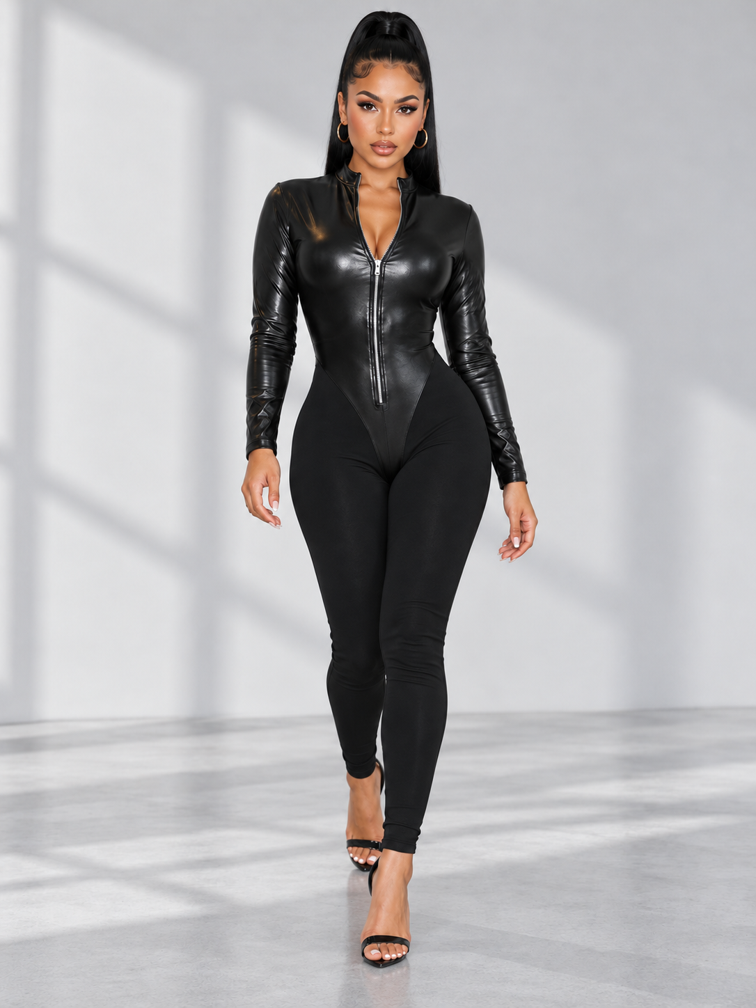 Faux Leather Zip-Front Long Sleeve Jumpsuit