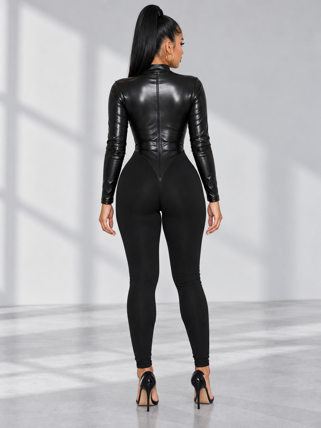 Faux Leather Zip-Front Long Sleeve Jumpsuit