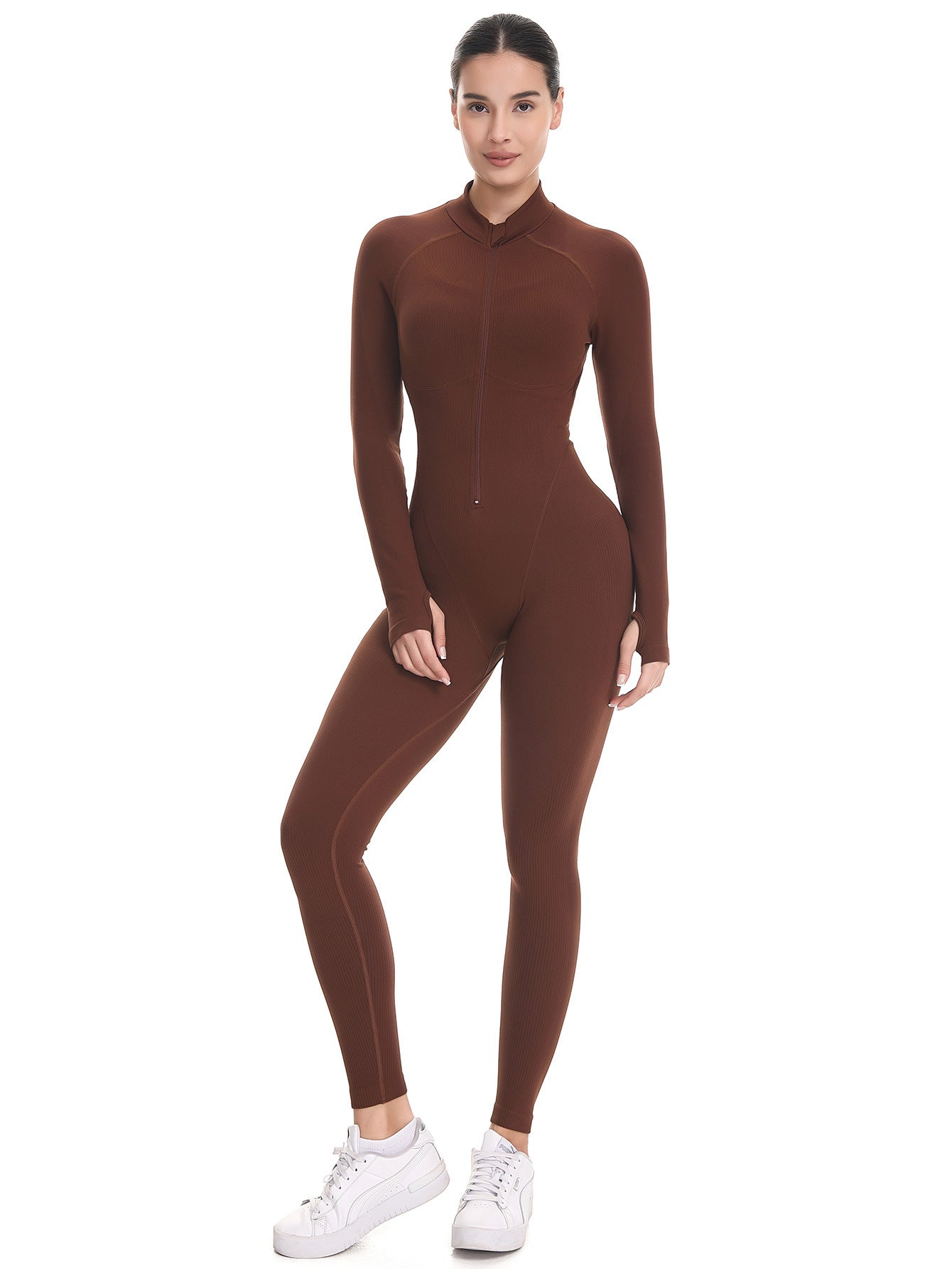 Lila Zen Stand Collar Zipper Long Sleeve Bodysuit Seamless One-Piece Yoga Wear
