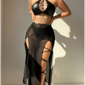 Lila Zen Sexy black bodysuit with openwork chain-link patent leather halter neck lingerie