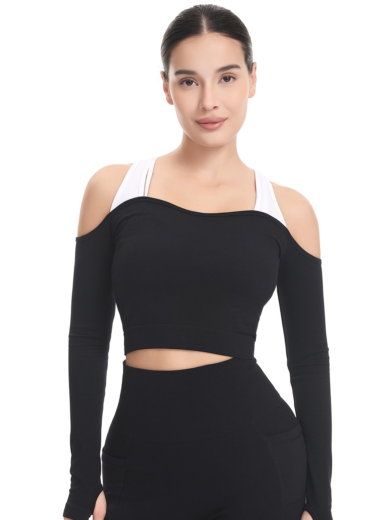 Lila Zen Color-blocked off-shoulder yoga top