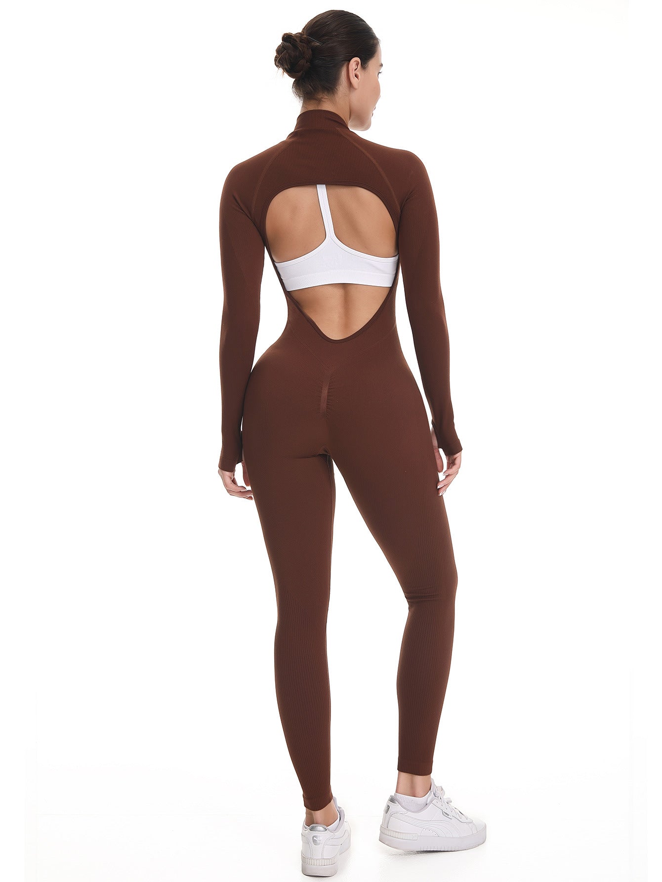 Lila Zen Stand Collar Zipper Long Sleeve Bodysuit Seamless One-Piece Yoga Wear