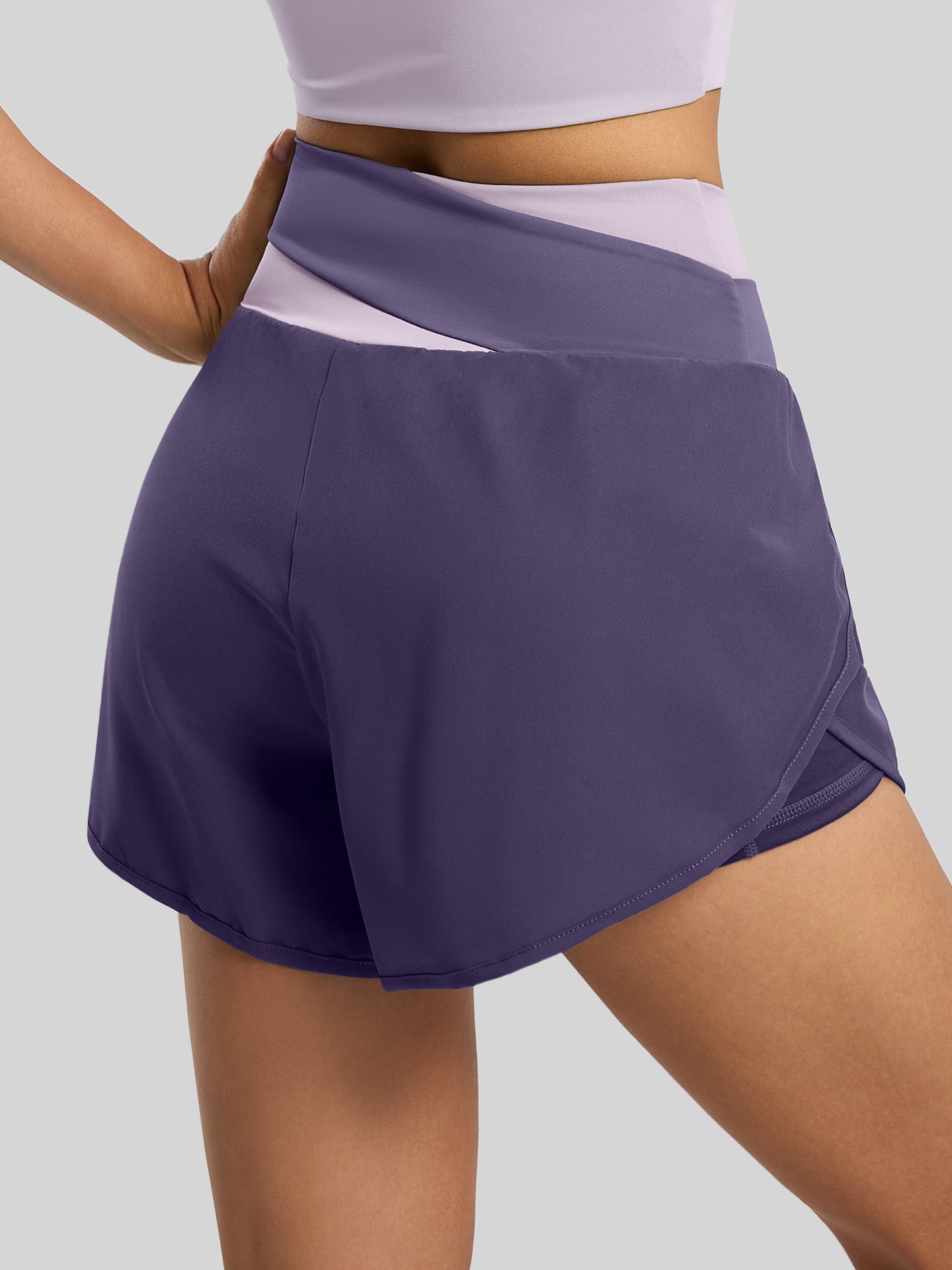 Lila Zen Women's Crossover High-Waisted Color-Blocked Faux Two-Piece Yoga Shorts