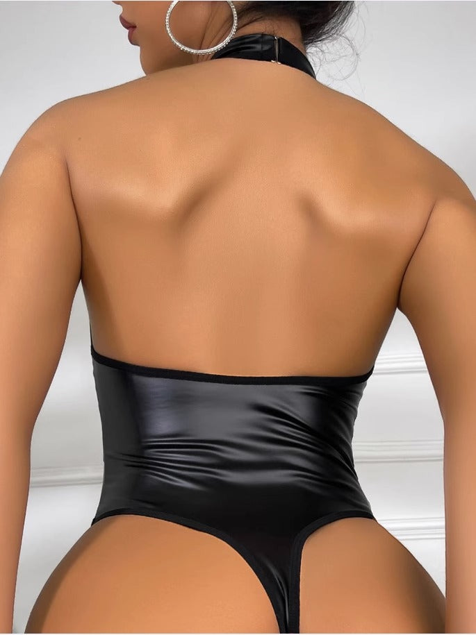Lila Zen Sexy Patent Leather Halter-Neck Bodysuit with Backless Design