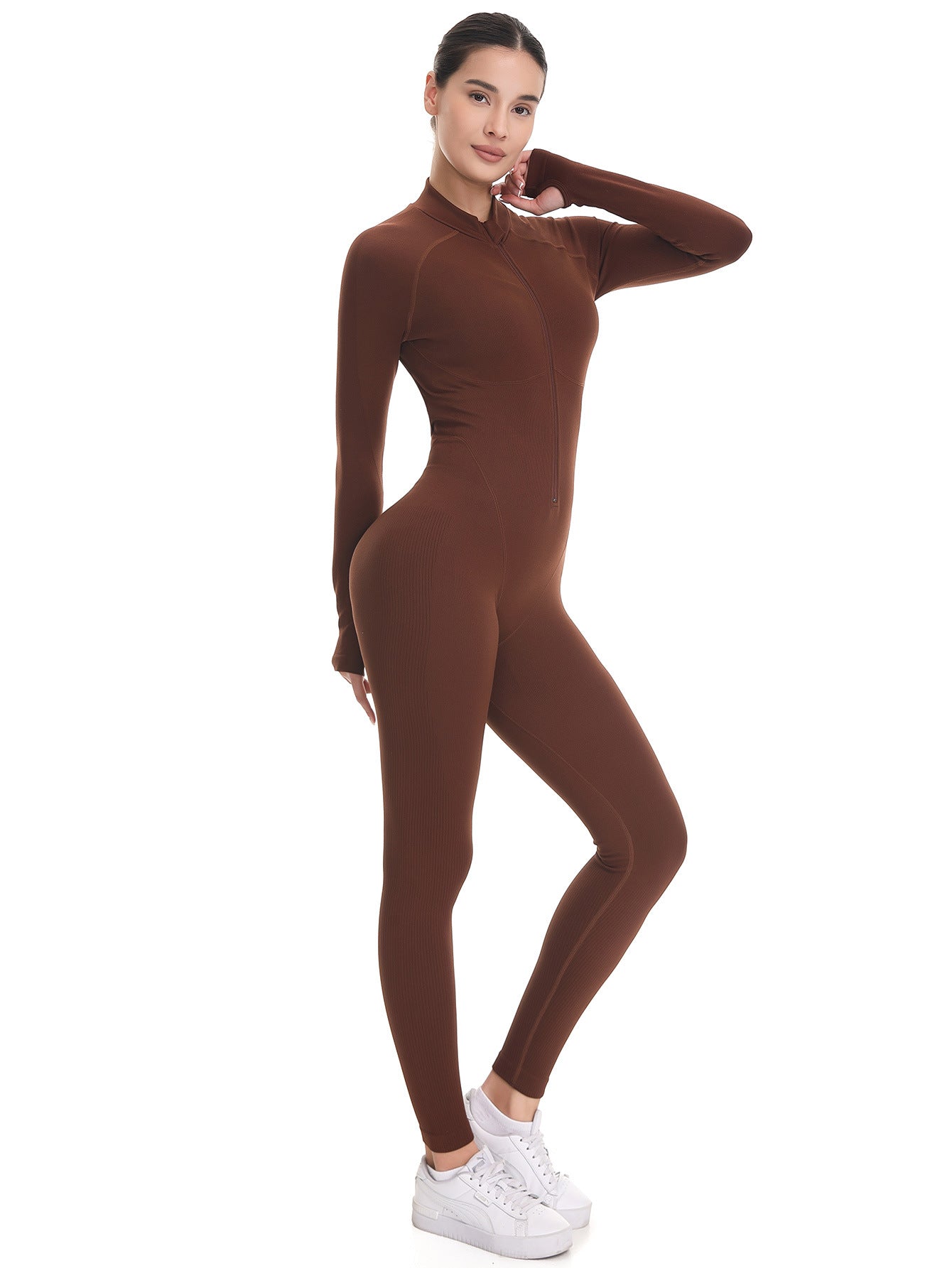 Lila Zen Stand Collar Zipper Long Sleeve Bodysuit Seamless One-Piece Yoga Wear