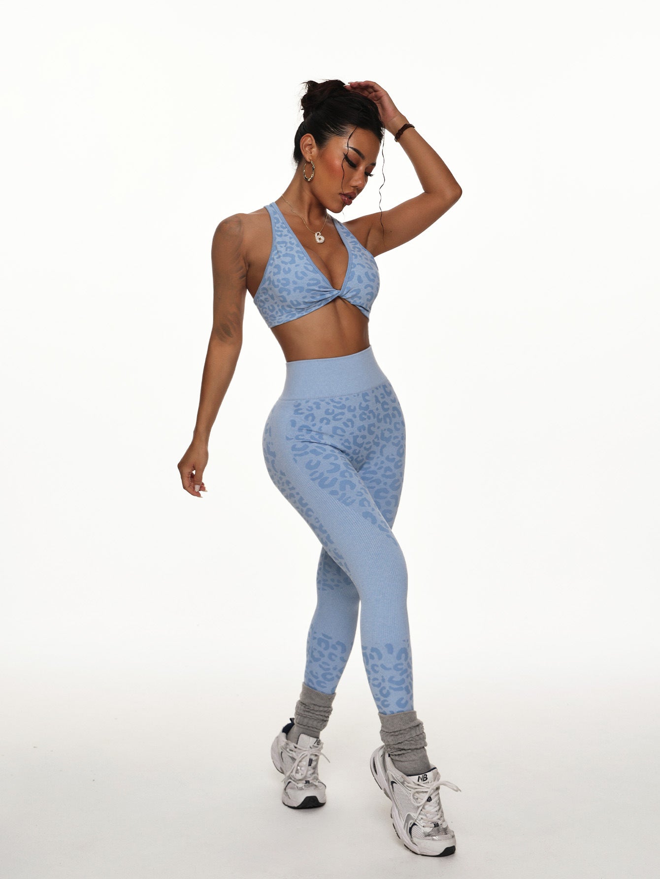 Lila Zen Seamless Printed High-Waisted Hip-Lifting Yoga Pants + Knotted Backless Bra Vest, High-Support Yoga Set