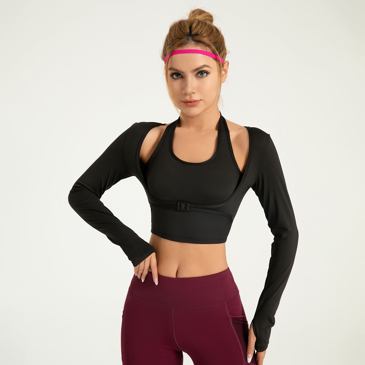 Halter-neck front buckle sports long sleeve