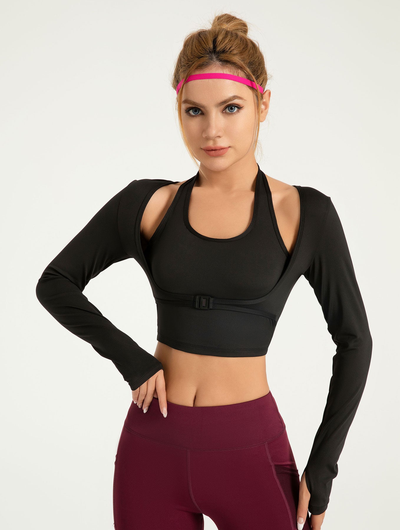 Halter-neck front buckle sports long sleeve