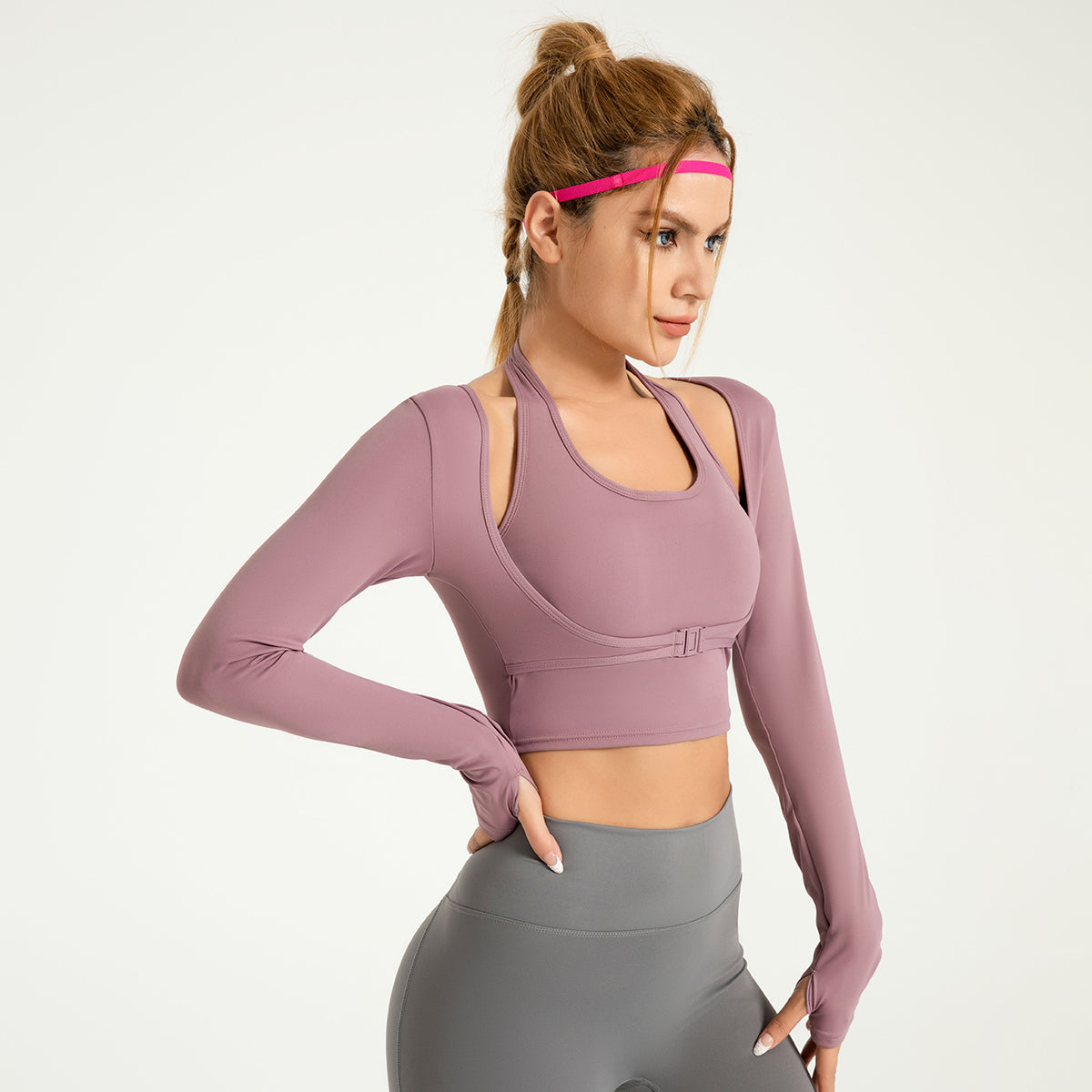 Halter-neck front buckle sports long sleeve