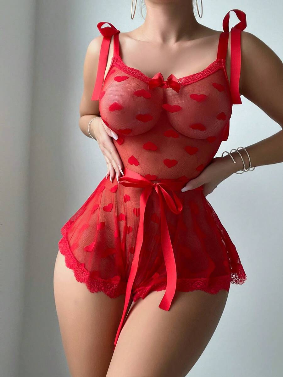 Lila Zen Sexy Red Heart Mesh Irregular Hem Pearl Backless Nightgown Lingerie Set