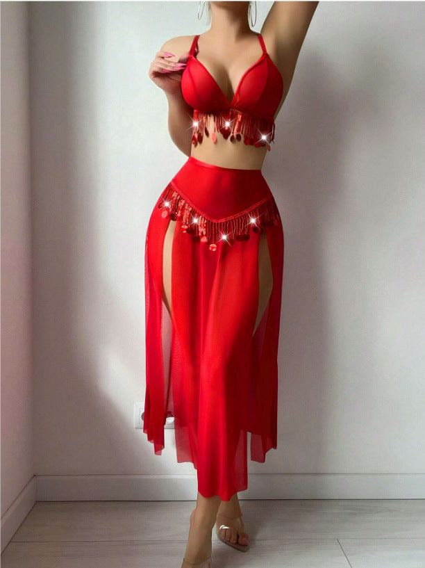 Lila Zen Exotic Belly Dance Accessories Tassel Game Costume Lingerie Set BDSM Features: Made with soft, stretchy fabric, it's comfortable and gentle on the skin; it's figure-flattering and sexy.