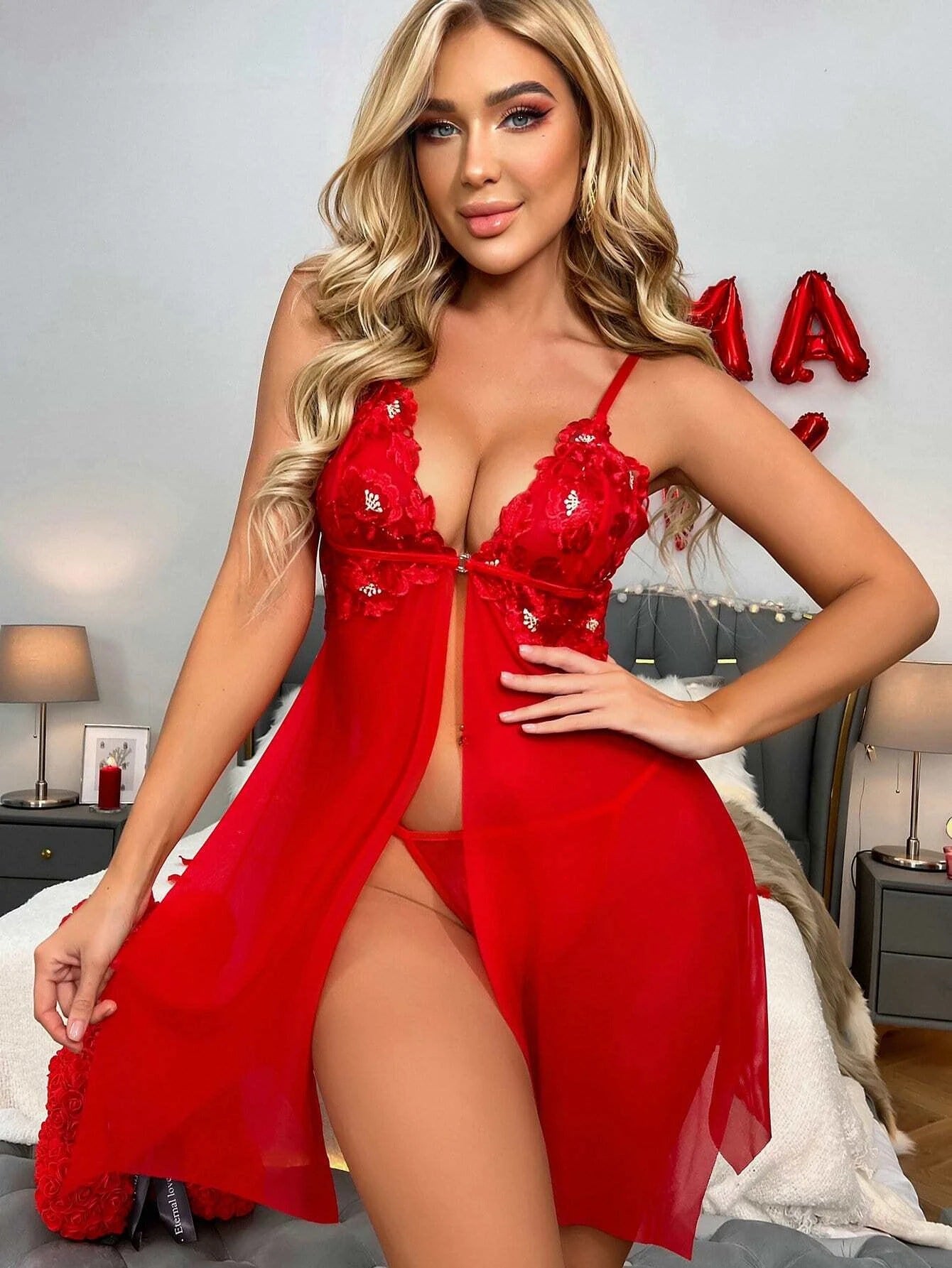 Lila Zen Sexy Red Camisole Mesh Slit Nightgown Lingerie Set