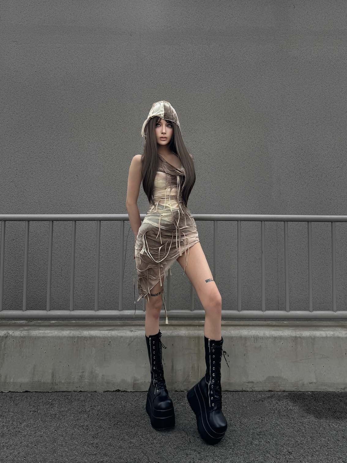 Lila Zen Post-Apocalyptic Wasteland Dunes Hot Girl Distressed Tie-Dye Irregular Tie-Waist Strapless Dress Shawl Headscarf Set